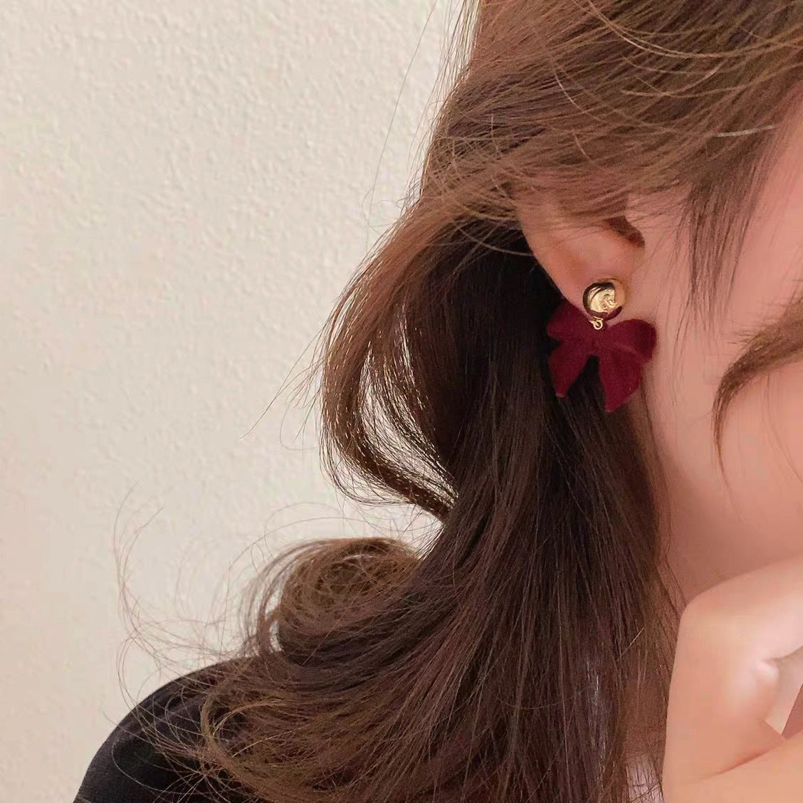 French retro black plush bow earrings female Korean personality all-match simple temperament fashion earrings
