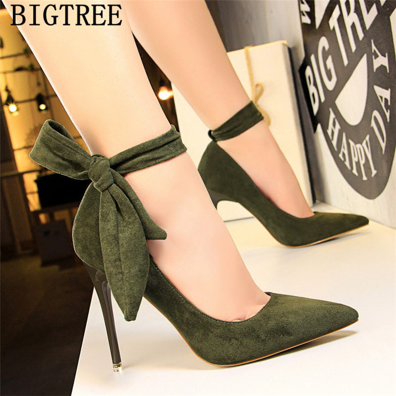 dress shoes women stiletto moccasin bigtree shoes Butterfly knot new arrival 2019 green shoes for women luxury high heels buty