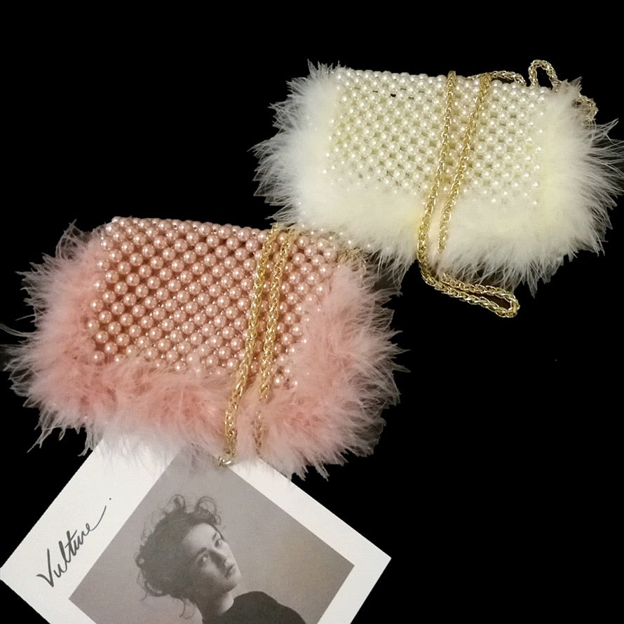 Faux Fur Pearl Evening Clutch Bag Women Handmade Pink Beaded Cover Dinner Party Purses Handbag Female Popular Cute Shoulder Bag