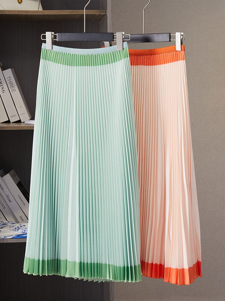 Fashion Loose Pleated Pants Sets O Neck Full Sleeves Print Top And Elastic Waist Color Block Spring