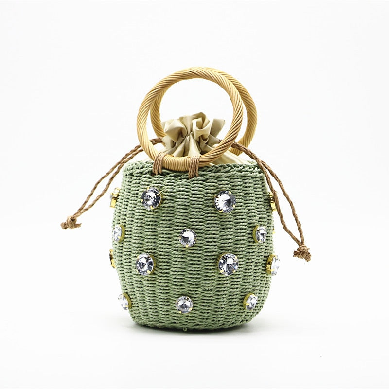 Handmade Rhinestone Crystal Embellished Straw Bag Small Straw Bucket Bags Lady Travel Purses and Handbags