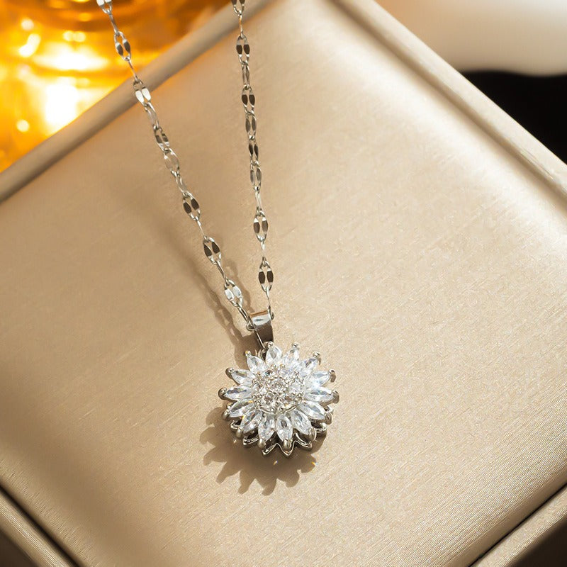 Rotating Sunflower Necklace with Full Diamond Daisy Collar Chain Female