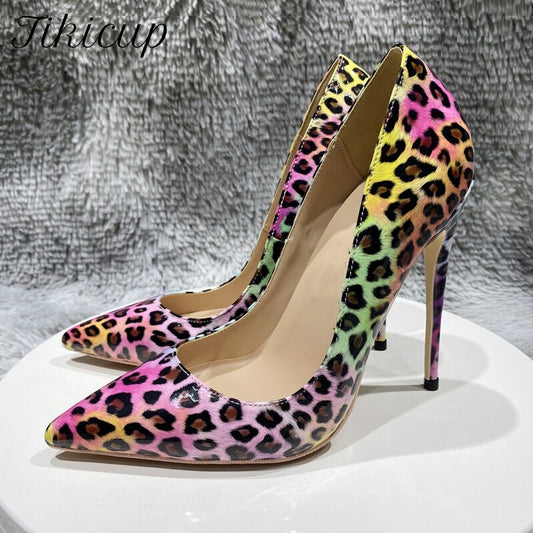 Tikicup Pink Leopard Glossy Print Women Pointy Toe High Heel Shoes for Party Sexy Comfortable Stiletto Pumps 8cm 10cm 12cm