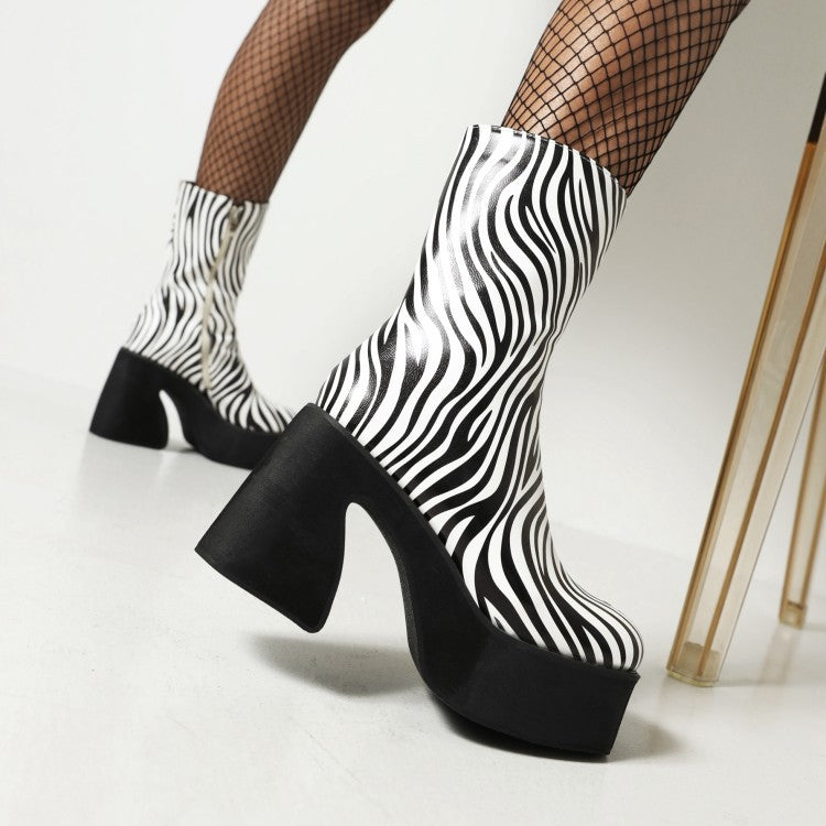 Cow Pattern Colorblock Platform Chunky High Heel Women's Mid Boots