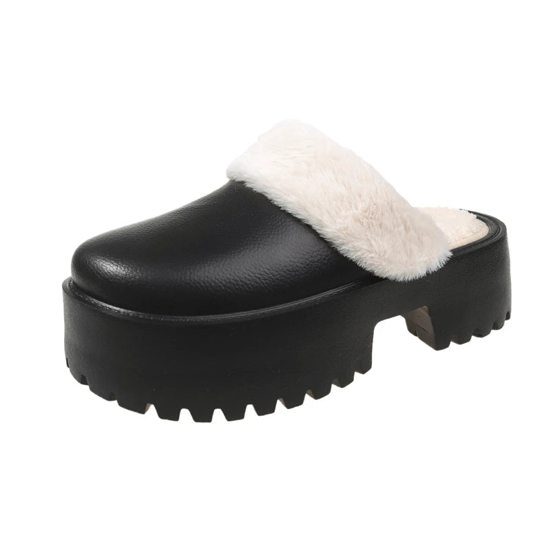 Winter Women Slippers 5cm Platform Clogs Warm Furry Slippers Fur Indoor Home Cotton Shoes Female Fluffy Slides Plush Slippers