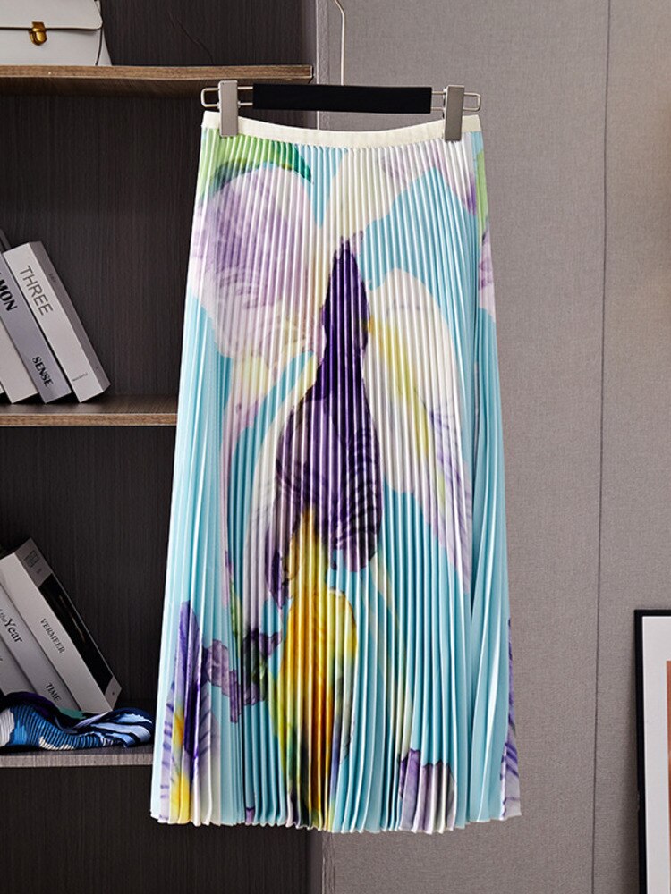 Women 2 Pieces Set Pleated Printing Half High Collar Tops And Elastic Waist Spliced Folid Skirts Spring