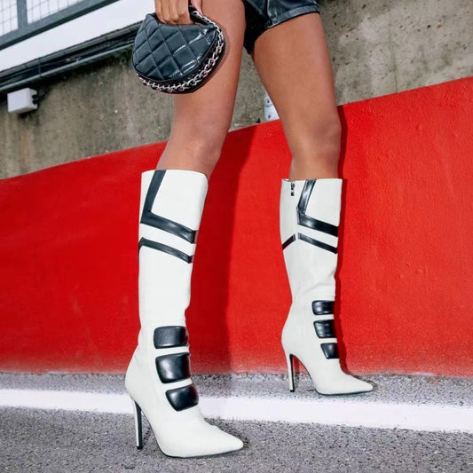 Black and white color scheme, simple and fashionable long boots for women's shoes
