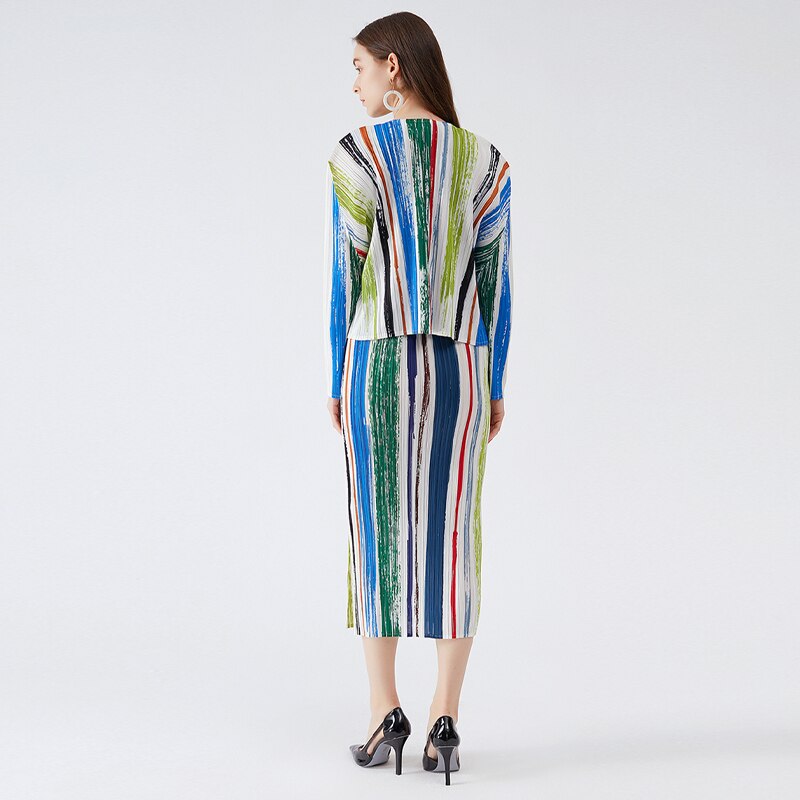 Pleated Striped Print Long Dress Jacket Two Piece Sets Korean Fashion Women Formal Dress Suits