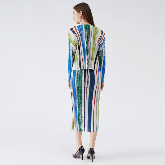 Pleated Striped Print Long Dress Jacket Two Piece Sets Korean Fashion Women Formal Dress Suits