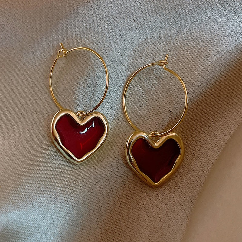 New trendy wine red love earrings simple temperament net red wild personality earrings ear jewelry