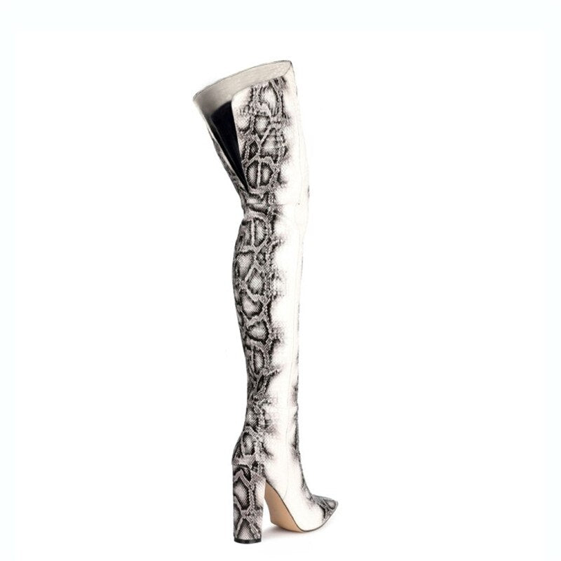 White Boots Women 11Cm Thick High Heel Snakeskin Boots Fashion Special Leather Winter Shoe Over The Knee Boots Stone Snake Print