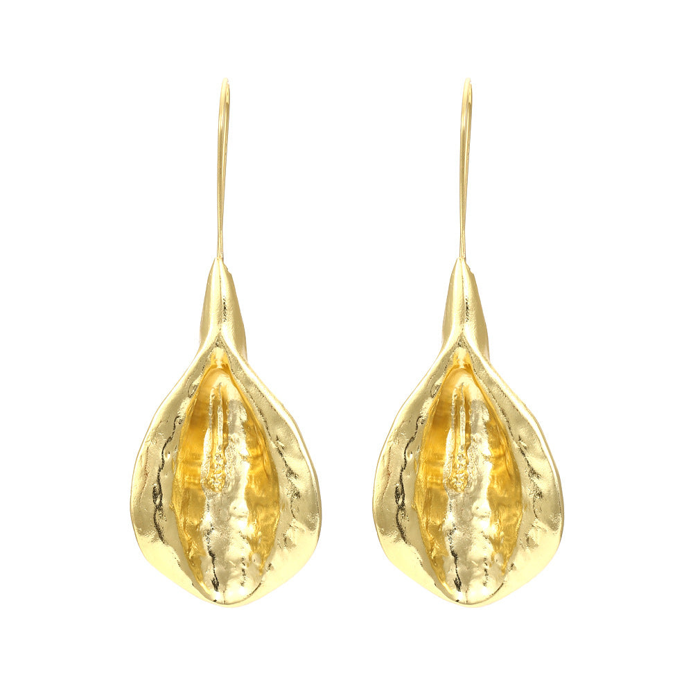 Retro Pastoral Style Golden Flower Earrings Holiday Style Long Leaf Flower Ear Hook Earrings Female