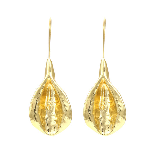 Retro Pastoral Style Golden Flower Earrings Holiday Style Long Leaf Flower Ear Hook Earrings Female