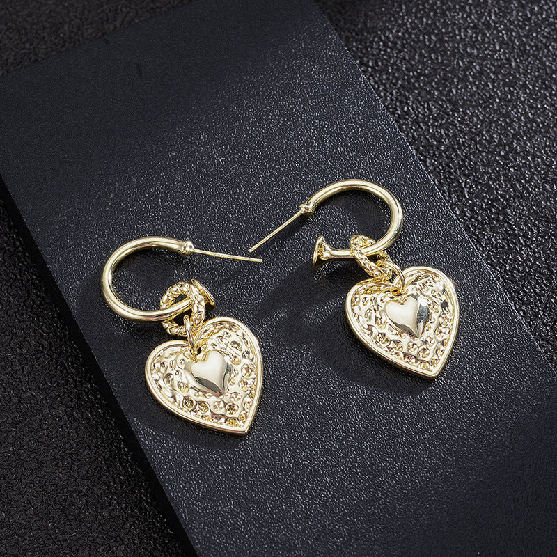 Fashion heart-shaped pendant metal texture design simple and versatile retro French temperament personality female earrings
