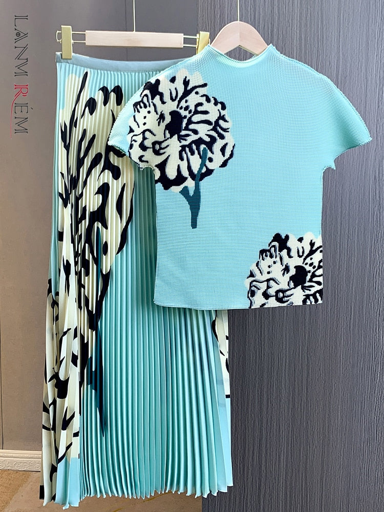 Cause Pleated T-shirt Round Neck Short Printed Flower Tops High Waist Fold Fashion Skirts  Summer