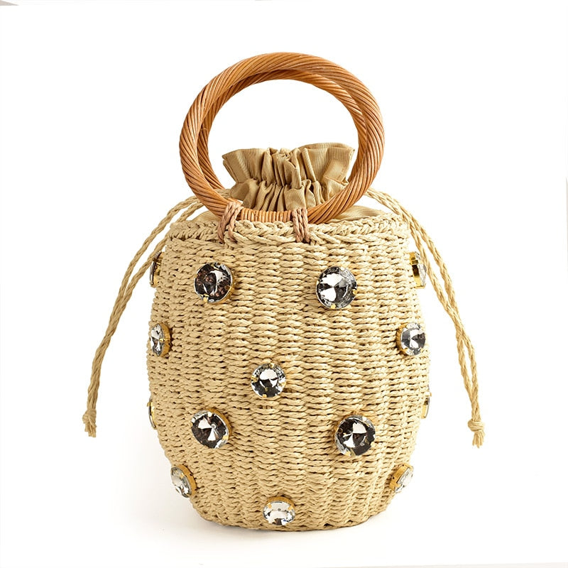 Handmade Rhinestone Crystal Embellished Straw Bag Small Straw Bucket Bags Lady Travel Purses and Handbags