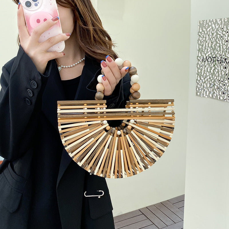 INS Super Fire Grass Woven Bag Women's New Colored Beaded Handheld Bamboo Woven Bag Women's Small Beach Bag