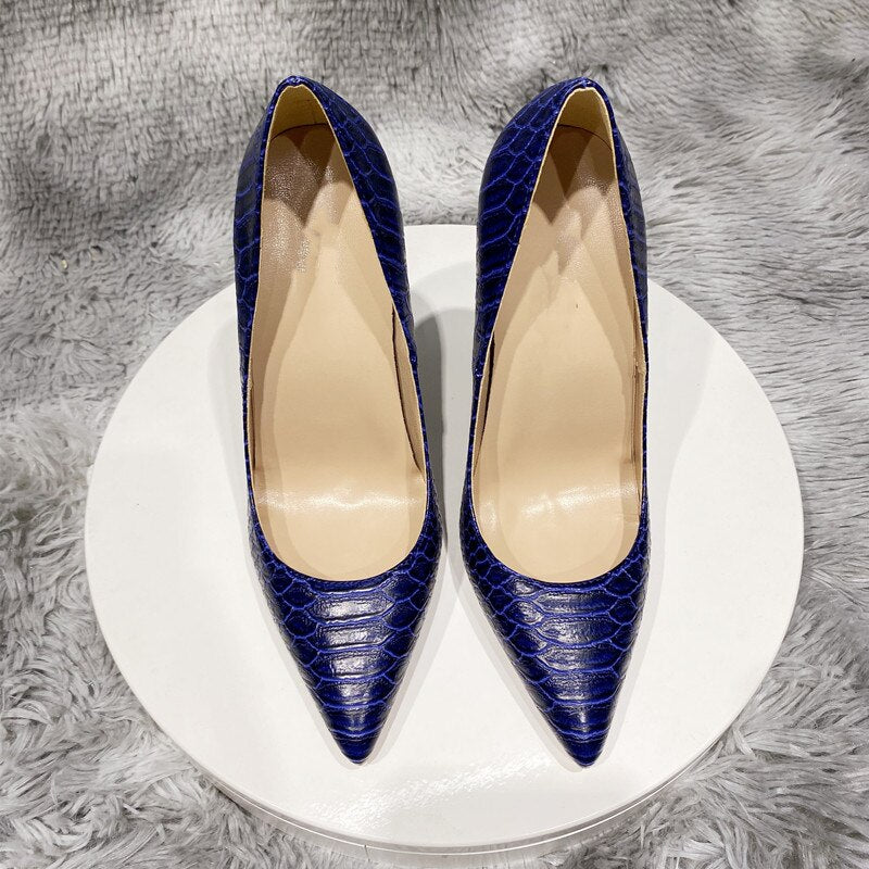 Navy Blue Crocodile Effect Pattern Women Sext Pointy Toe High Heel Shoes Chic Ladies Slip On Stiletto Pumps