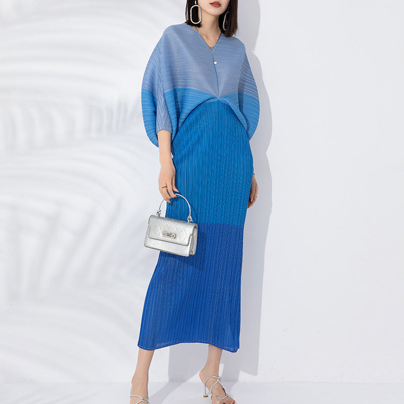 Elegant Pleated Dress For Women V-neck Batwing Sleeves Contrast Color Patchwork Dresses Female Clothes