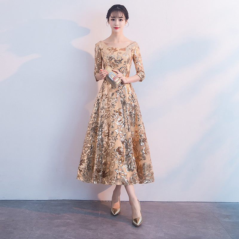 Custom-make Banquet Womens Wedding long Ball Bandage Dress Formal Evening Gold Flower Sequins Mid-Calf Dress