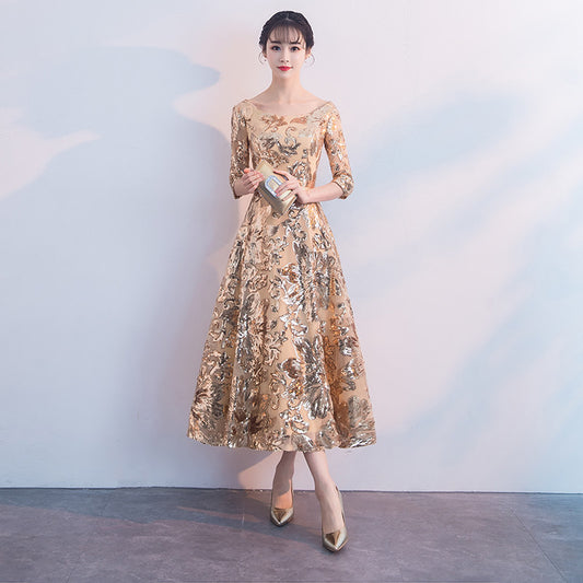 Custom-make Banquet Womens Wedding long Ball Bandage Dress Formal Evening Gold Flower Sequins Mid-Calf Dress