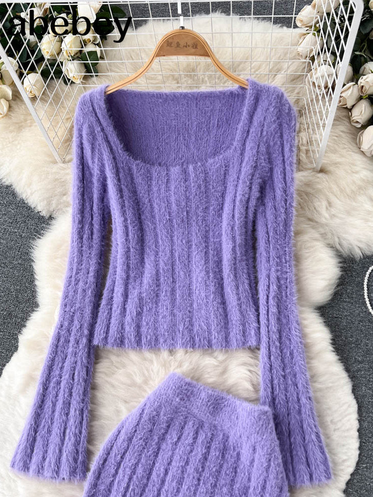 Women Gentle Knitted Two Pieces Suits Soft Sweater Short Top+High Waist Midi Long Skirt Suits Elastic Slim Winter Sets