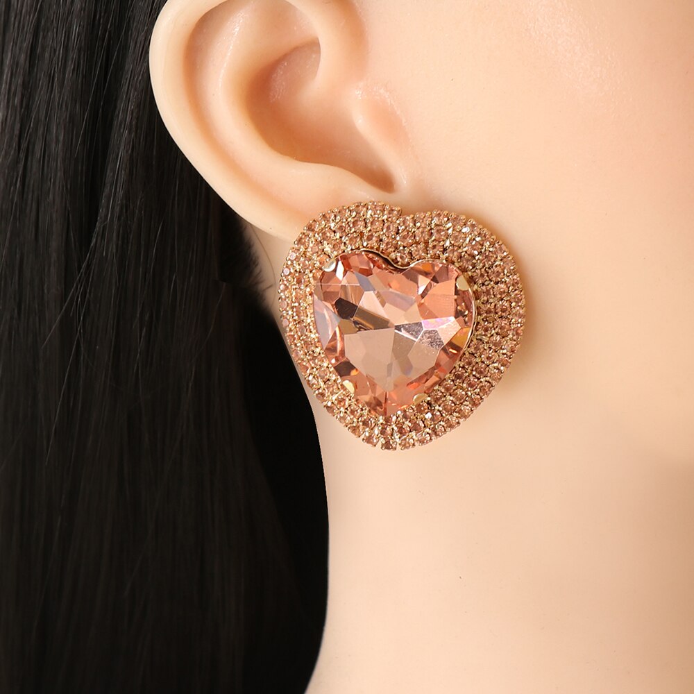 Baroque Full Stone Crystal Metal Multicolored Stud Earrings Heart Shape Wedding Earrings for Women Trend Pendant