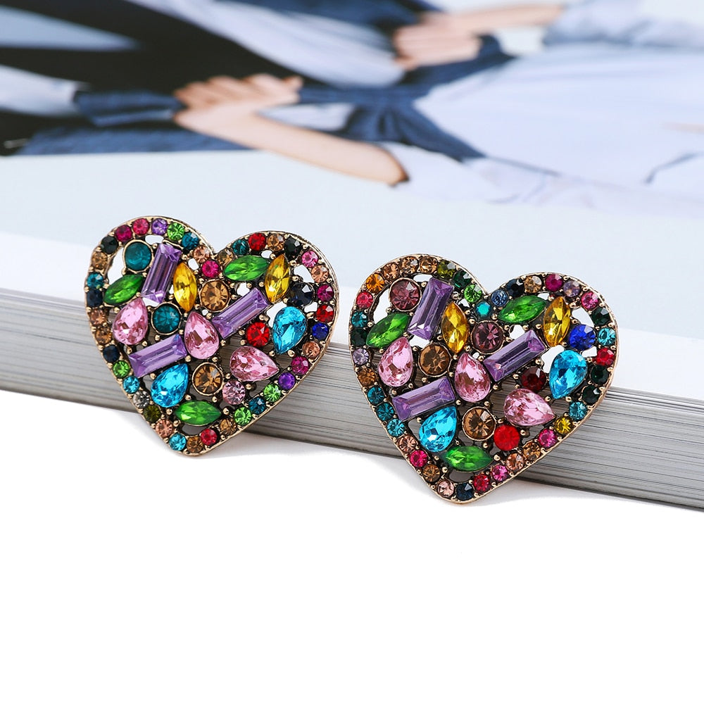 Korean Fashion Heart Metal Hollow Stud Earrings For Women Girl Luxury Bling Color Crystal Party Jewelry Aesthetic Accessories