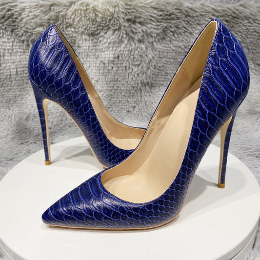 Navy Blue Crocodile Effect Pattern Women Sext Pointy Toe High Heel Shoes Chic Ladies Slip On Stiletto Pumps
