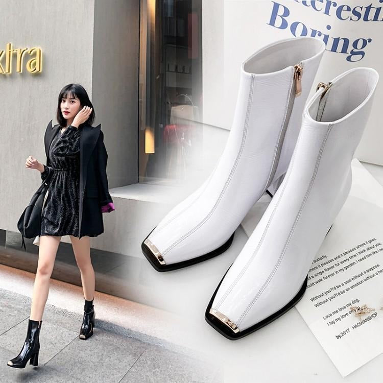 Women New Style Ankle Boots Ladies Square Toe High Heels Side Zipper Black White Thick Heel Patent Leather Winter Booties