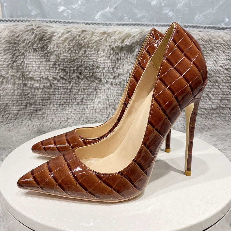 Tikicup Coffee Brown Crocodile Effect Women Sexy 8 10 12cm High Heel Party Shoes Ladies Slip On Pointy Toe Stiletto Pumps