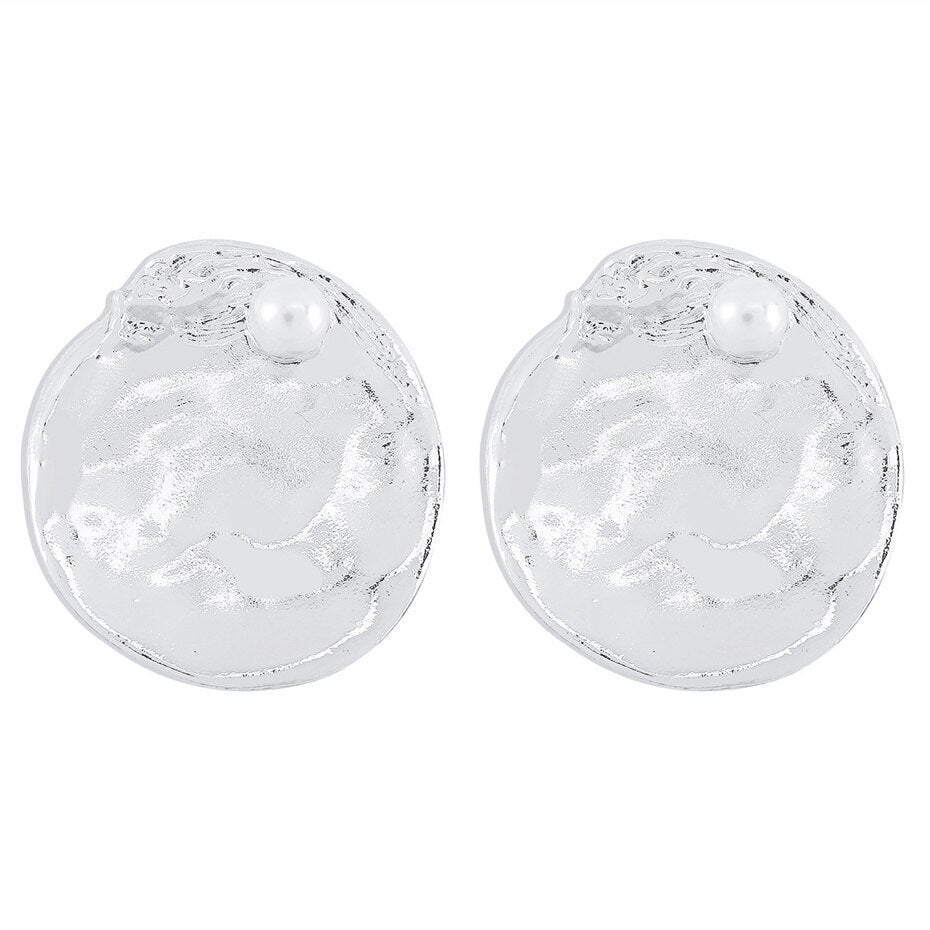 Ingemark Exaggerated Heavy Metal Round Stud Earrings for Women Fashion Statement Punk Gold Color Pearl Earrings Jewelry Gift New