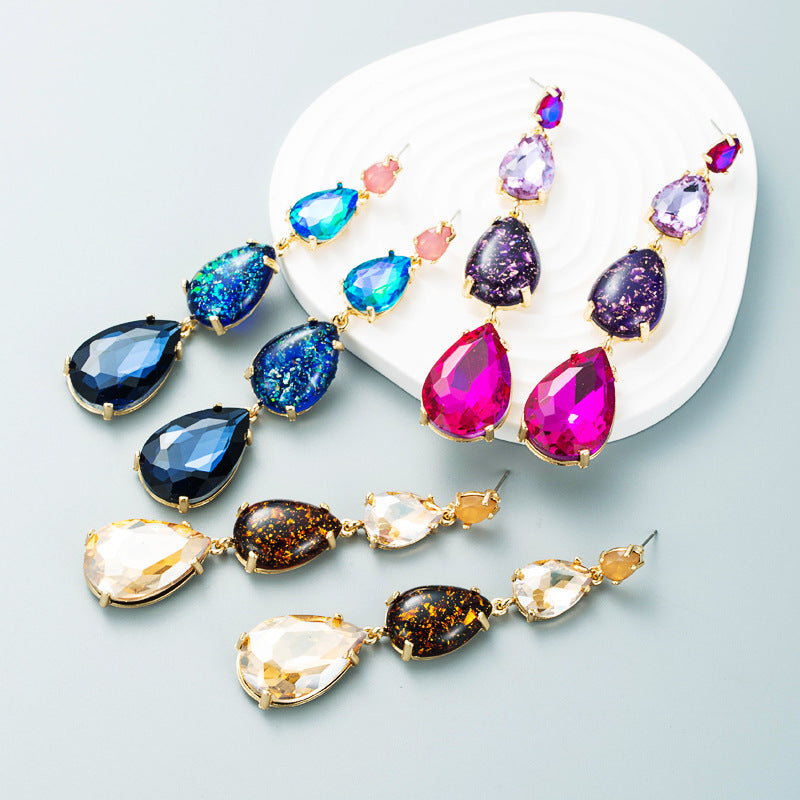 Fashion Big Brand Shiny Long Water Drop-Shaped Colorful Rhinestone Earrings High Quality Trendy Earrings