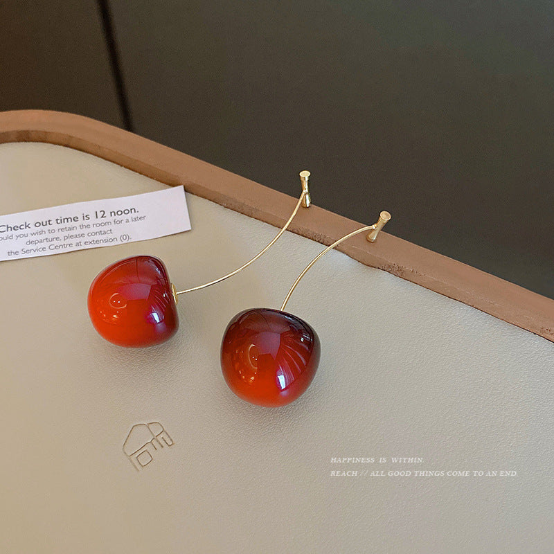 Japanese And Korean Long Red Cherry Earrings Female Sweet Girl Heart Earrings Simple Gentle Style Autumn And Winter Earrings