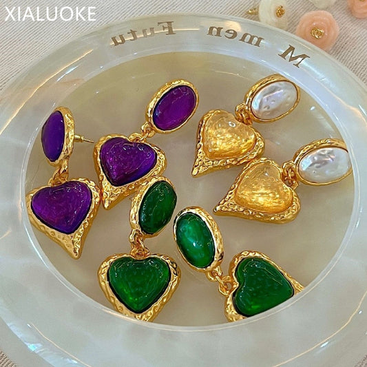 Medieval French Court Style Purple Heart Earrings Female Vintage Concave convex Texture Earrings Premium Earrings Fashion