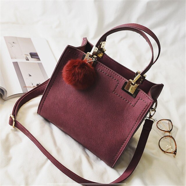Handbag women casual tote bag female large shoulder messenger bags high quality Suede Leather handbag with fur ball