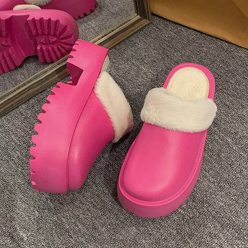 Winter Women Slippers 5cm Platform Clogs Warm Furry Slippers Fur Indoor Home Cotton Shoes Female Fluffy Slides Plush Slippers