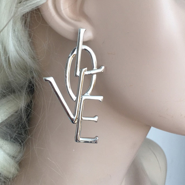 Unique Design Gold Color Letter Love Big Stud Earrings Women Metal Statement Earrings Name Jewelry