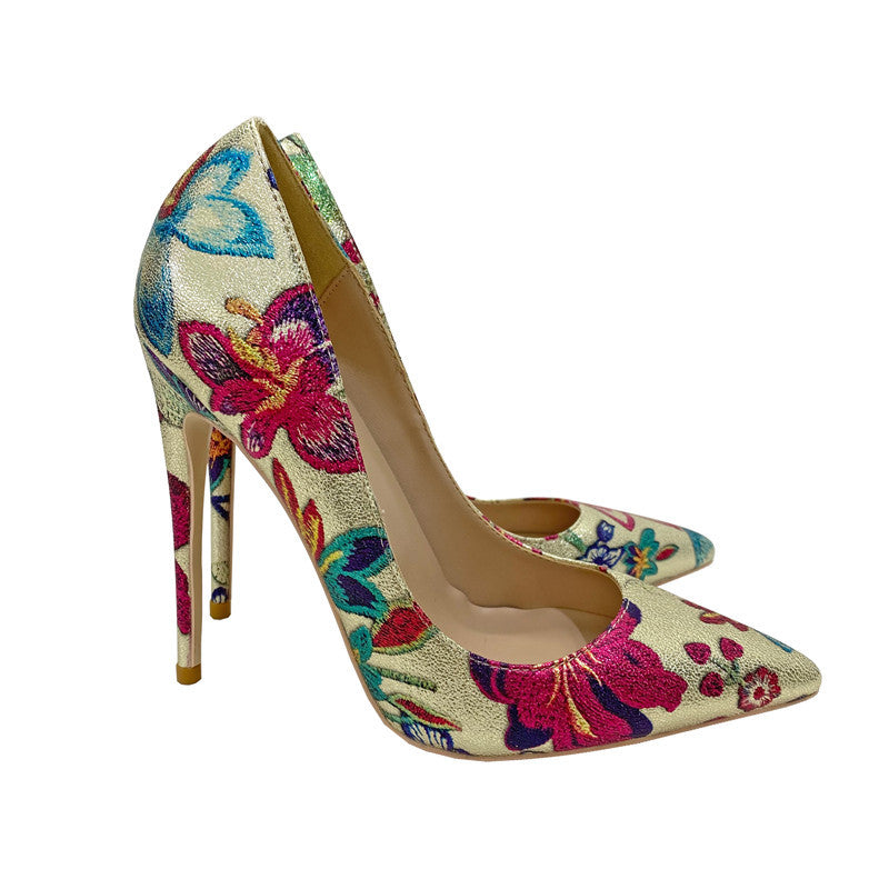 Gold Embroidered Graffiti High Heel Shoes Pointed Thin Heel Shallow Mouth Shoes Women's Shoes