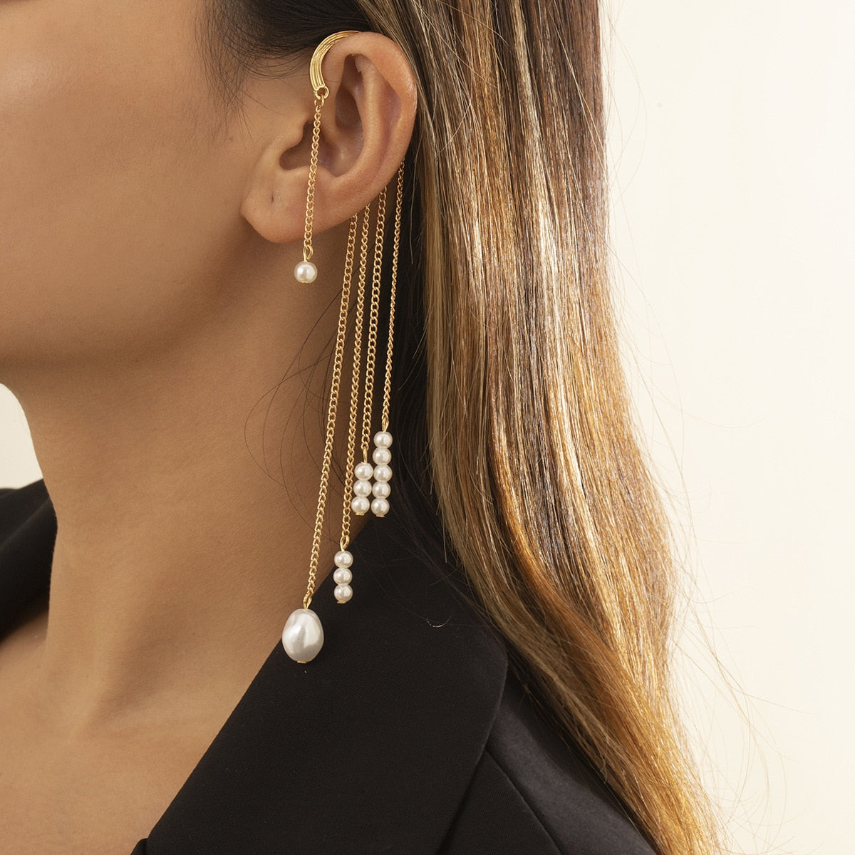 One Piece Korean Long Tassel Earrings Girls No Ear Piercing Full Pearl Big Clip Earrings For Women Gift Jewelry Ear Cuff