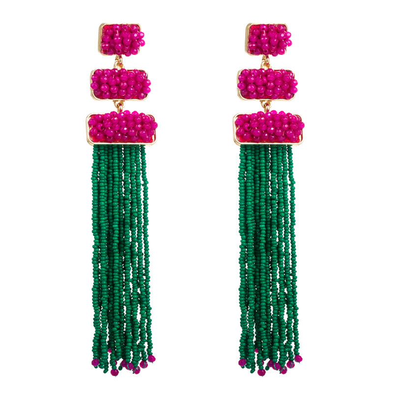 Exaggerated Earrings Female Trend Bohemian Style Rice Bead Earrings Long Temperament Earrings