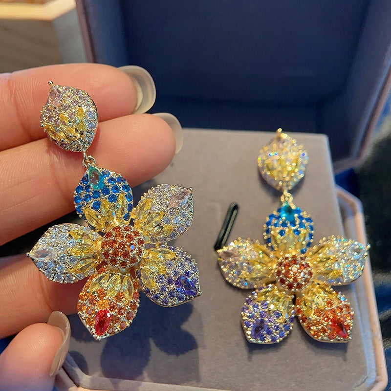 Heavy Industry Full Zirconia Flower Colored Earrings