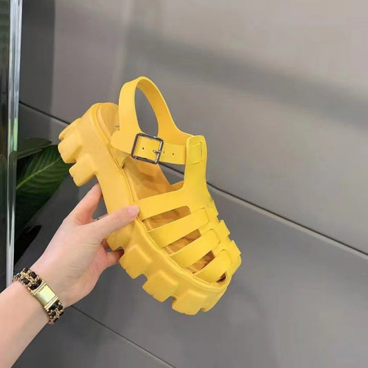 Flat Thick Sole Plastic Beach Sandals Women Round Toe Ankle Buckle Platform Sandalias