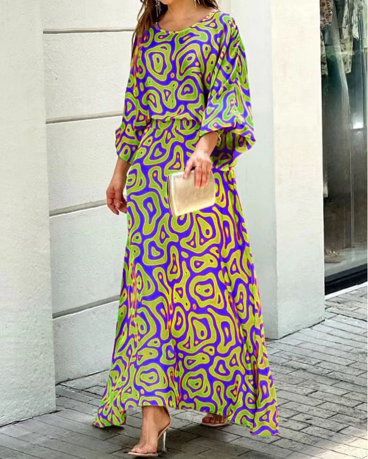 Women's Summer New Loose Plus Size Printed Long Sleeve Tops High Waiste Half-Length Skirt Suits