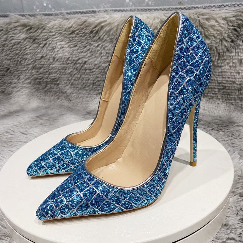 Glitter Sequins Crocodile Effect Women Pointy Toe High Heel Party Shoes Gorgeous Ladies Slip On Stiletto Pumps