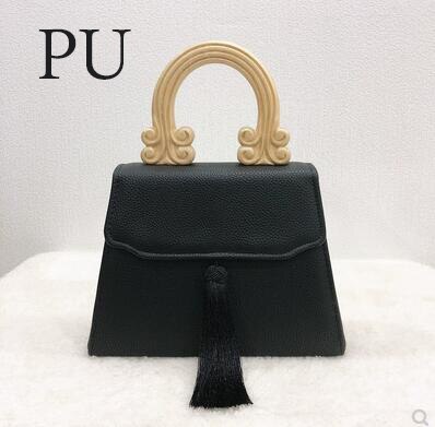 Vintage Tassel Handbag with Wooden Handle Women Black PU Leather Handbags Dinner Clutch Bag for Ladies Tote Bag