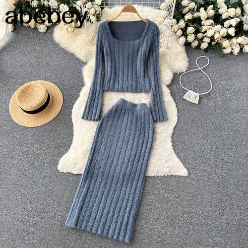 Women Gentle Knitted Two Pieces Suits Soft Sweater Short Top+High Waist Midi Long Skirt Suits Elastic Slim Winter Sets