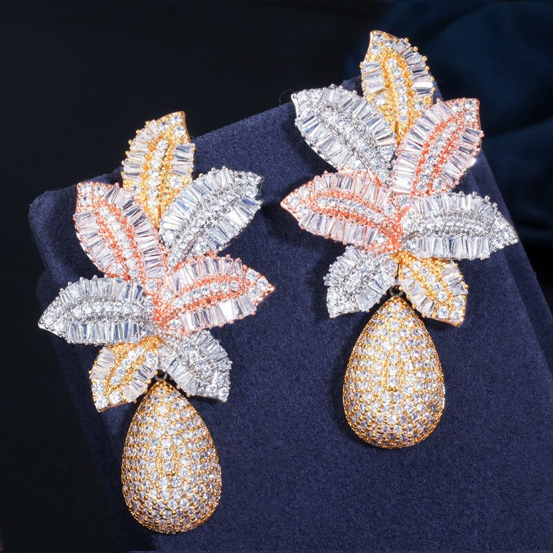 S925 Silver Needle Atmospheric Ladder Cubic Zircon Three-Color Electroplating Earrings Tropical Pineapple Large Earrings