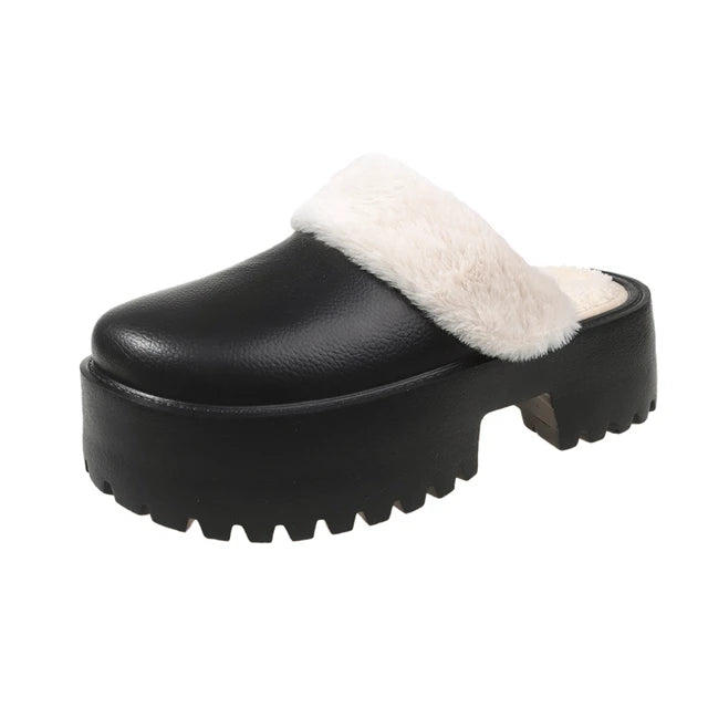 Winter Women Slippers 5cm Platform Clogs Warm Furry Slippers Fur Indoor Home Cotton Shoes Female Fluffy Slides Plush Slippers