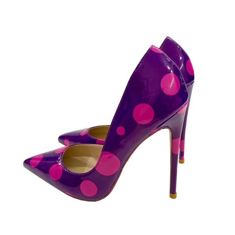 Fuchsia Polka Dot Women Purple Patent D'Orsay Pointy Toe High Heel Party Wedding Shoes Elegant Stiletto Pumps 8-12cm